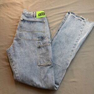 Sumwon Womens Carpenter Jeans Light Wash Straight Leg Raw Hem Neon Patch Utility